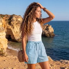 Ženske kratke hlače bermuda za poletje modre barve velikost S z visokim elastičnim pasom in vezalko, 2 žepa, 95% poliester 5% elastan, 4-way stretch, hitro sušeče, dihajoče, do kolena