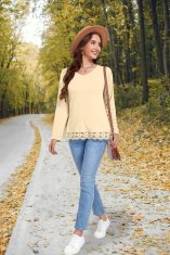 Ženska tunika z dolgim rokavom elegantna bluza s čipkastim robom V-izrez mehka zračna lahka udobna za pomlad jesen zimo vsakodnevno poslovno casual za pisarno in počitnice rumena XL