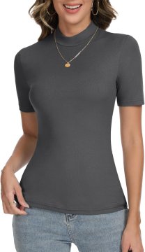 Ženska bluza z visokim ovratnikom Slim Fit rokav 1/2 temno siva velikost L elastična tkanina dihajoča in mehka za vsakodnevno nošenje pod pulover ali suknjič, samostojen brezčasen dizajn