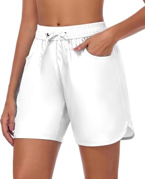 Ženske kopalne kratke hlače bele barve velikost S hitro sušeče se, 6 palcev (15 cm), visoki pas High Waist z nežnim oblikovanjem trebuha, 2 žepa, elastičen pas z vrvico, brez mrežice
