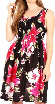 Ženska poletna lahkotna cvetlična elastična obleka črno-roza One Size, boho swing dress brez rokavov, tropical print, koktajl obleka, EU 30–50, obseg pasu 56–112 cm, dolžina 102 cm