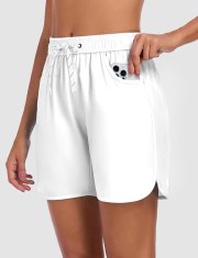 Ženske kopalne kratke hlače bele barve velikost S hitro sušeče se, 6 palcev (15 cm), visoki pas High Waist z nežnim oblikovanjem trebuha, 2 žepa, elastičen pas z vrvico, brez mrežice