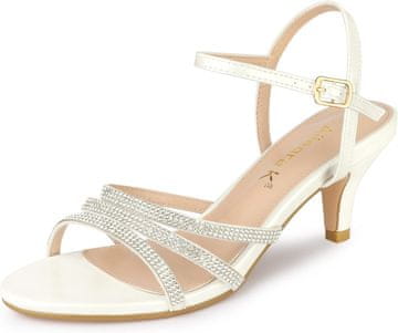 Ženski elegantni sandali na nizki peti kitten heel z bleščicami iz kristalčkov, spona na gležnju, odprta konica, peta 6 cm, sintetično usnje PU, barva bela, velikost 39, večerni in casual stil