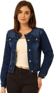 Ženska jeans jakna Denim elegantna casual modra XL z okroglim izrezom brez ovratnika, dolg rokav, zapenjanje na gumbe, udobna za pisarno, vikend, nakupovanje in potovanje, pranje v pralnem stroju