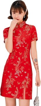 Tradicionalna kitajska obleka Qipao Bodycon za ženske rdeča z motivom zmaja in cvetličnim vzorcem mandarinski ovratnik kratek rokav stranski rez prilegajoč kroj poliester zračen za zabave poroke