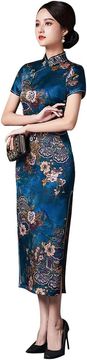 Ženska obleka Qipao Cheongsam midi kitajska tradicionalna elegantna slim fit s stoječim ovratnikom in stranskim razcepom iz satenaste poliestrske tkanine za poroke in praznike temno modra 46 EU