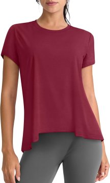 Ženska športna majica ohlapna high-low kroj okrogel izrez bordo S 47 % bombaž 47 % viskoza 6 % elastan prezračna mehka udobna za fitnes tek jogo outdoor in vsakodnevno uporabo pralni stroj