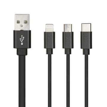 3-v-1 Micro + Lightning + USB C kabel črne barve PT 1 m