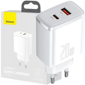 BASEUS KOMPAKTNI HITR STENSKI POLNILEC 1XUSB 1XUSB C 20W 3A PD QC3.0 BEL CCXJ-B02