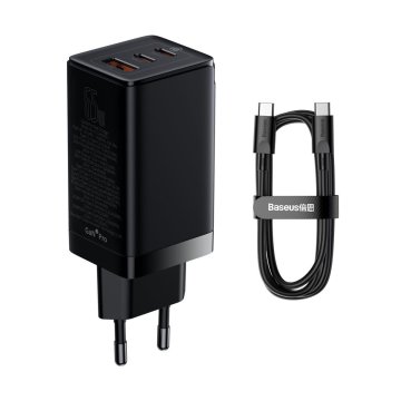 BASEUS POLNILEC GAN3 PRO 2XUSB C 1XUSB 65W PD3.0 QC4.0+ AFC ČRN + CC KABEL CCGP050101