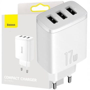 BASEUS Compact 3 x USB 17W hitri večportni stenski polnilnik bele barve CCXJ020102