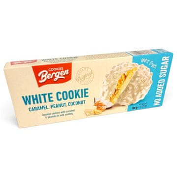BE Bergen White Cookie Caramel, Peanut & Coconut - piškoti brez sladkorja s karamelo, oreščki in kokosom z belo glazuro