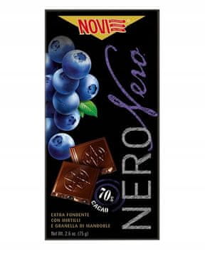NOVI Temna čokolada 70% z jagodami in mandlji Nero 75 g