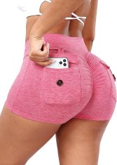 Ženske športne kratke Push Up V-Shape oblikovalne za jogo, tek in kolesarjenje z visokim pasom in žepi, hitro sušeče, dihajoče, srednja kompresija, elastične, 7,5 cm, roza, velikost M