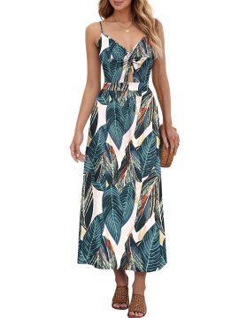 Ženska Maxi Obleka Boho Floral Wrap z V-izrezom brez rokavov Zelena 2XL zračna elastična tkanina z žepi v šivih regular fit za poletje, počitnice in svečane priložnosti
