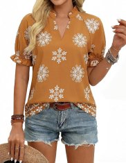 Ženska bluza tunika Boho iz bombaža s cvetličnim vzorcem v rjavi barvi, kratek rokav, V-izrez s stoječim ovratnikom, dihajoč material, udobna za vsakodnevno nošenje, velikost S