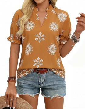 Ženska bluza tunika Boho iz bombaža s cvetličnim vzorcem v rjavi barvi, kratek rokav, V-izrez s stoječim ovratnikom, dihajoč material, udobna za vsakodnevno nošenje, velikost S