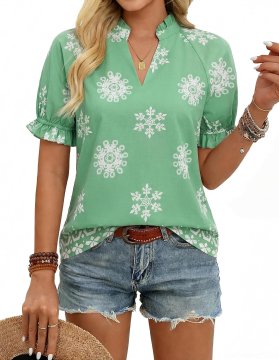 Ženska tunika bluza Boho iz bombaža s cvetličnim vzorcem zelena kratek rokav V-izrez s stoječim ovratnikom sproščen kroj loose fit poletna za pisarno in srečanja velikost XXL