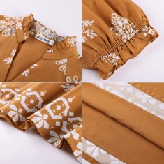 Ženska bluza tunika Boho iz bombaža s cvetličnim vzorcem v rjavi barvi, kratek rokav, V-izrez s stoječim ovratnikom, dihajoč material, udobna za vsakodnevno nošenje, velikost S