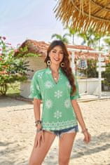 Ženska tunika bluza Boho iz bombaža s cvetličnim vzorcem zelena kratek rokav V-izrez s stoječim ovratnikom sproščen kroj loose fit poletna za pisarno in srečanja velikost XXL