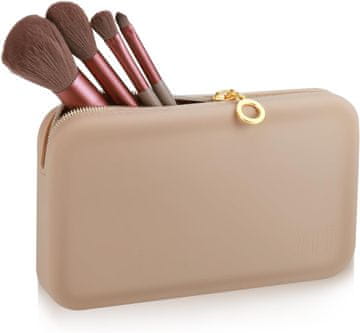 Silikonski etui za čopiče za ličenje, kozmetična torbica za 8 do 12 čopičev, vodoodporna, zaščita pred prahom, ojačana zadrga, lahek in kompakten, bež barva, 19 x 12 x 3 cm, za potovanja
