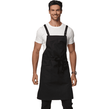 Profesionalni vodoodporni kuhinjski predpasnik za gastronomijo unisex črn s križnimi naramnicami, 2 žepa, 80,5 x 85 cm, 65% poliester 35% bombaž, za kuhanje, slikanje in restavracije