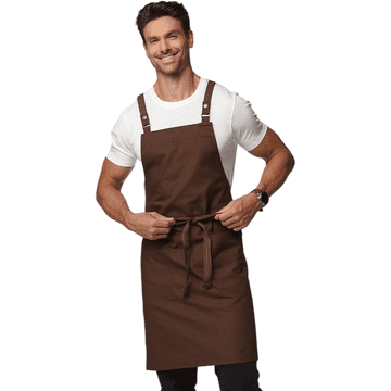 Kuhinjski predpasnik Gastronomski vodoodporen profesionalen unisex rjav s križnimi naramnicami za ženske in moške, dimenzije 80,5 x 85 cm, 65 % poliester 35 % bombaž, 2 prostorna sprednja žepa