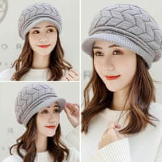 Ženska zimska kapa beanie s kvačkanimi ušesi siva mehka topla One Size univerzalna velikost za mesto, sprehod in nakupe, ujema se z zimskimi plašči in puhovkami, gost splet zadržuje toploto