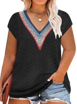 Ženska majica Oversize pletena z V-izrezom, kratek rokav, Plus Size, casual črna XL, mehka elastična pletenina odporna proti gubam, celoletna, idealna za darilo mami ali babici