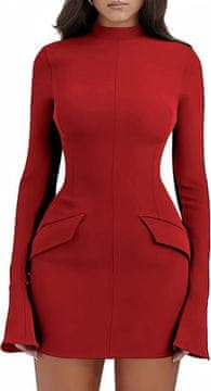 Ženska mini obleka bodycon z visokim golfom in razširjenimi rokavi, prilegajoča, iz poliestra in elastana, skrito zadrgo na hrbtu, 2 okrasna žepa, jesen zima pomlad, rdeča, velikost S