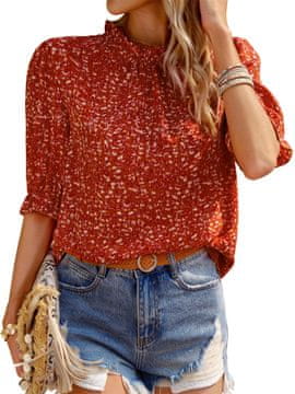 Ženska bluza boho cvetlična poletna elegantna tunika s kratkimi rokavi z volančki, stoječim ovratnikom in odprtino solzica na hrbtu, zračna lahka tkanina, casual chic, rdeča, velikost S