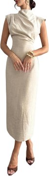 Ženska Maxi Bodycon Elegantna Večerna Obleka Bež XS Stoječi Ovratnik Nagubani Pas Stranski Izrez Enobarvna Srednje Raztegljiva Za Poroko Banket Obletnico Poslovni Koktajl
