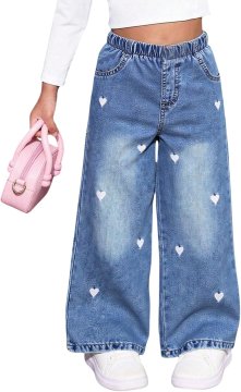 Baggy jeans hlače za deklice modre s srčki široke hlačnice z elastičnim pasom mehka tkanina za jesen in zimo velikost 4 leta polnodolge za šolo in izlete za aktivno igro
