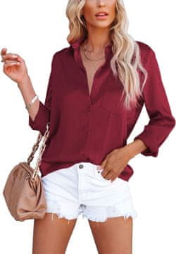 Ženska elegantna satenasta bluza z dolgimi rokavi in izrezom V, ohlapen kroj, 100% poliester, mehka dihljiva, žep na prsih, bordo barva, velikost XXL, za pisarno, večerne izhode in potovanja