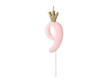 PartyDeco Rojstnodnevna sveča številka 9 s krono, svetlo roza