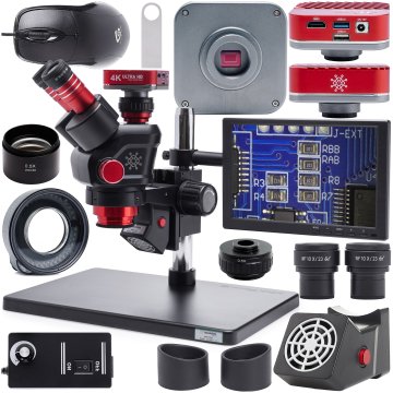 OptiZoom 6558 DG6558T-B3 stereo mikroskop + okularji z Barlowovo osvetlitvijo 0,5x, odsesovalnik dima, rdeča angelska kamera, 8-palčni zaslon