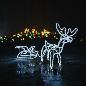 LED božični jelen s sanmi, osvetljen, zunanji, vrtni, hladno bela