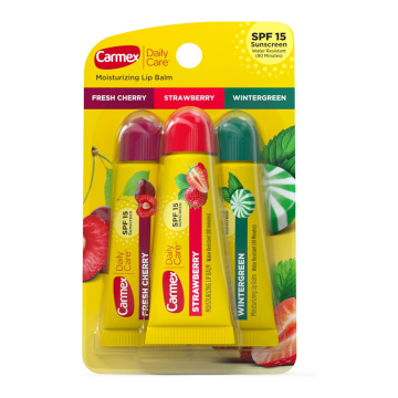 Carmex Komplet balzamov za ustnice, , češnja, jagoda in meta, zaščita pred soncem SPF 15, dolgotrajna vlažilna nega, 3 x 10 g