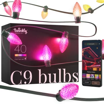 Niz žarnic Twinkly C9 - 40 RGB LED, fasetirane, zelena žica, vtič tipa F