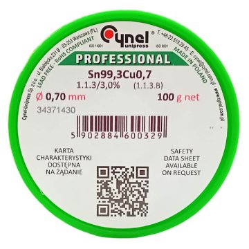 Cynel Spajka brez svinca s talilom Sn99.3Cu0.7-1.1.3/3.0% Ø 0.70 100 g (Cu1) za ročno in avtomatsko mehko spajkanje, kositrova smola