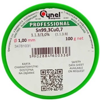 Cynel Spajka brez svinca s talilom Sn99.3Cu0.7-1.1.3/3.0% Ø 1.00 100 g (Cu1) za ročno in avtomatsko mehko spajkanje, kositrova smola