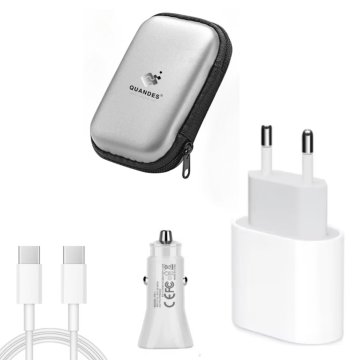 Komplet za hitro polnjenje 20W za iPhone 17 Pro, 16 Pro, 15 Pro, 15 Pro Max, kabel Type-CC 60W dolžine 1 m, avtomobilski adapter PD 20W, torba za shranjevanje