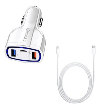 Komplet avtomobilskih polnilnikov za hitro polnjenje 7A/35W z USB-C in Lightning podatkovnim kablom, 2 kosa, bele barve