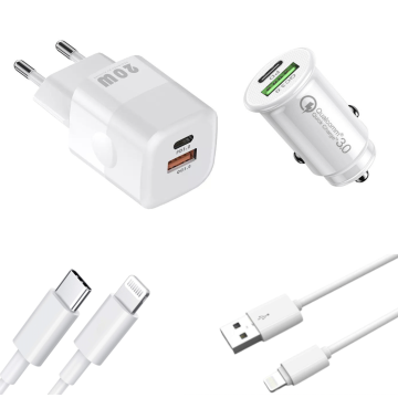 Komplet polnilnika 20W PD Type-C USB QC, avtomobilskega adapterja 20W PD Type-C USB QC, Lightning USB-A, podatkovnega kabla Lightning USB-C 1 m za iPhone 14, 13, 12, 11, XSMax 4 kosi