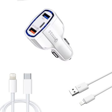 Komplet avtomobilskih polnilnikov za hitri polnilnik 12V 3,5A, kabel USB-A-Lightning, USB-C-Lightning za iPhone 14, 13, 12, 11, XSmax, bel, 3 kosi