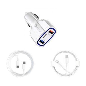 35W/7A USB-A/C PD 3.0 avtomobilski polnilnik za iPhone 15, 14, 13, 12, 11 Pro Max, CC kabel, Lightning USB-C 1 m 1 kos