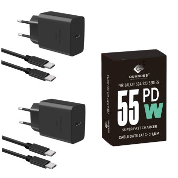 Komplet polnilnikov Super Fast Charge 55W PD GaN USB-C T4510, združljiv s Samsung S25, S24, S24 Ultra in 1,8 m podatkovnim kablom USB-C - C 5A, 4 kosi