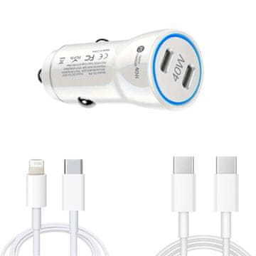 Avtomobilski polnilnik s hitrim polnilnikom z dvojnim kablom USB-CC 40W, USB-CC 60W 2 m in USB-C-Lightning 37W 2 m, združljiv z iPhone 15, 14, 13, 12, 11 Pro Max