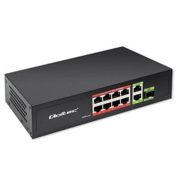 Qoltec Neupravljano stikalo FAST Ethernet omrežno stikalo 8x RJ45 PoE 2x RJ45 uplink 1x SFP | 120 W | 1000 Mb/s
