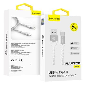 BLAVEC Raptor USB na Type-C 3A pleten kabel 0,5 m Apple CarPlay/Android Auto CRA-UC3WS05 belo-srebrn